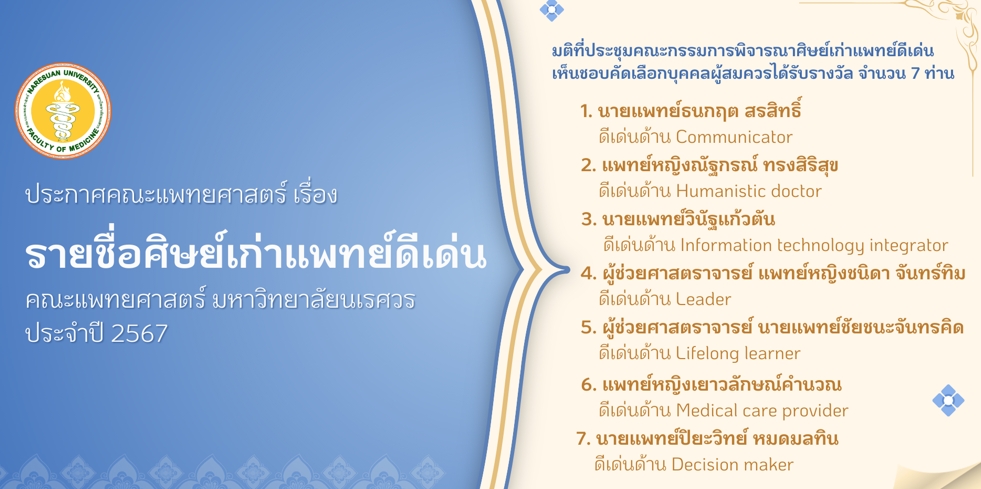 ประกาศคณะแพทยศาสตร์ เรื่อง  รายชื่อศิษย์เก่าแพทย์ดีเด่นคณะแพทยศาสตร์ มหาวิทยาลัยนเรศวร ประจำปี 2567