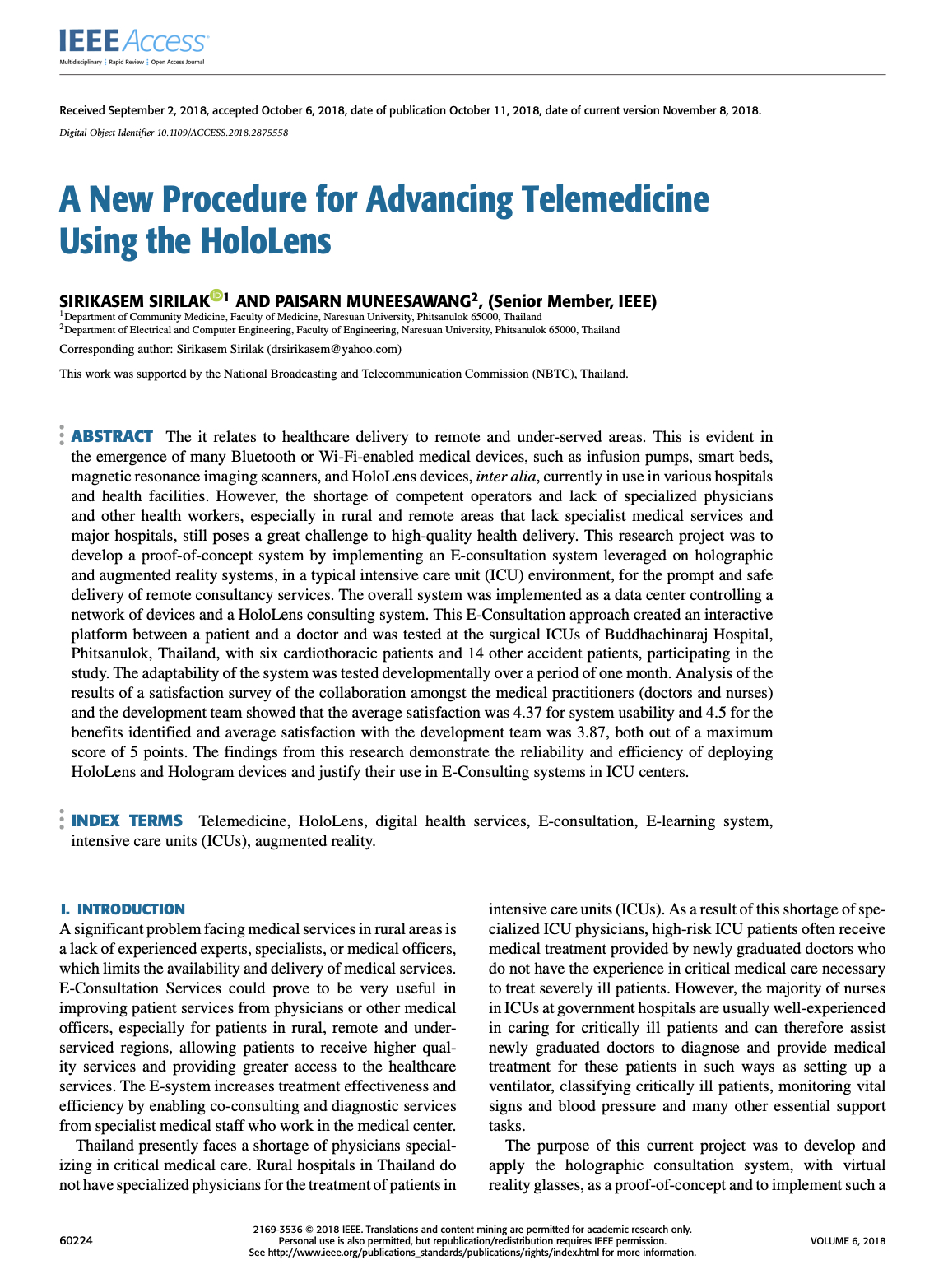 A New Procedure for Advancing Telemedicine Using the HoloLens By:Sirilak, S (Sirilak, Sirikasem)[ 1 ] ; Muneesawang, P (Muneesawang, Paisarn)[ 2 ]