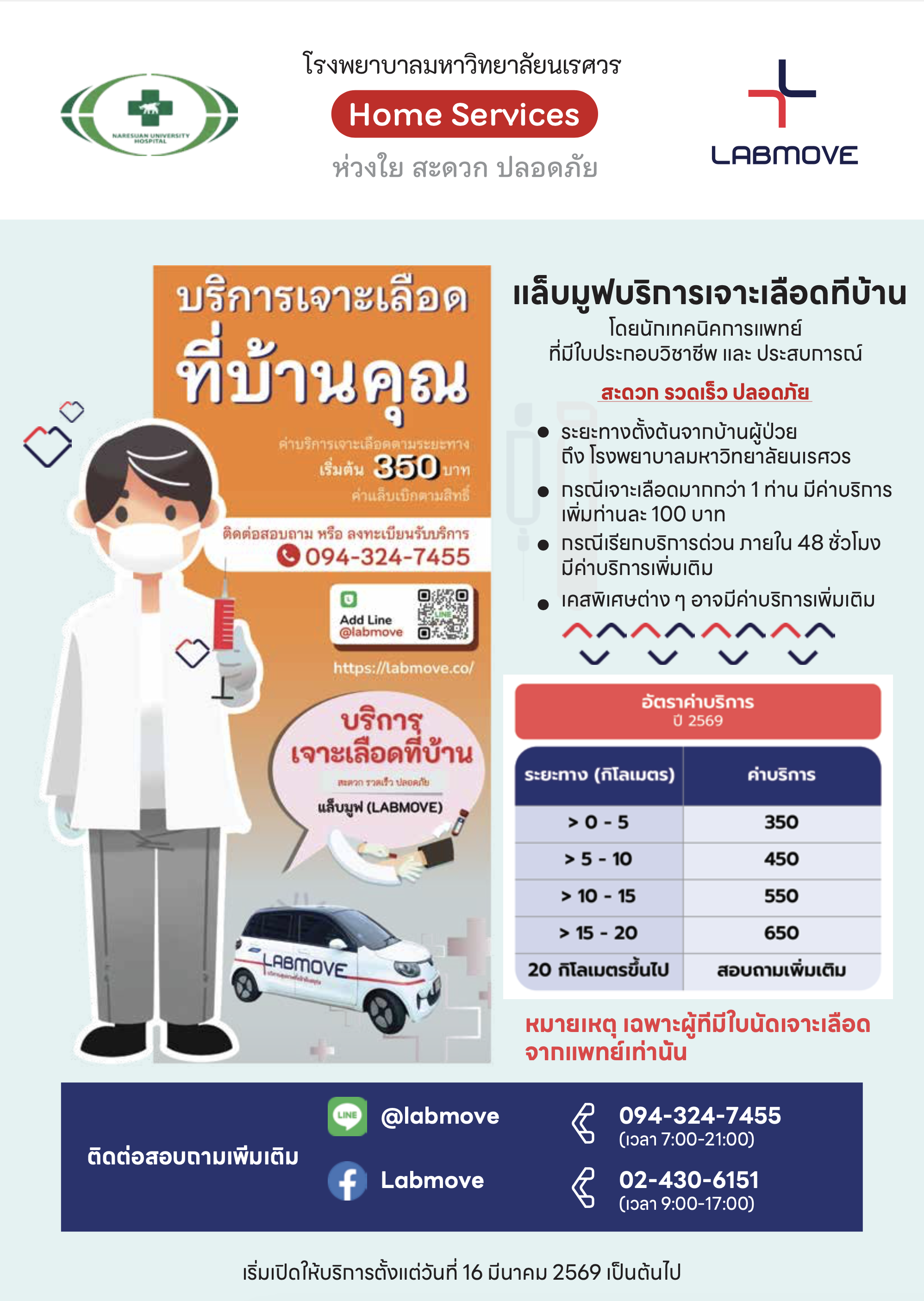 รพ.มหาวิทยาลัยนเรศวร X LABMOVE บริการเจาะเลือดถึงบ้าน พร้อมให้บริการแล้ววันนี้ .