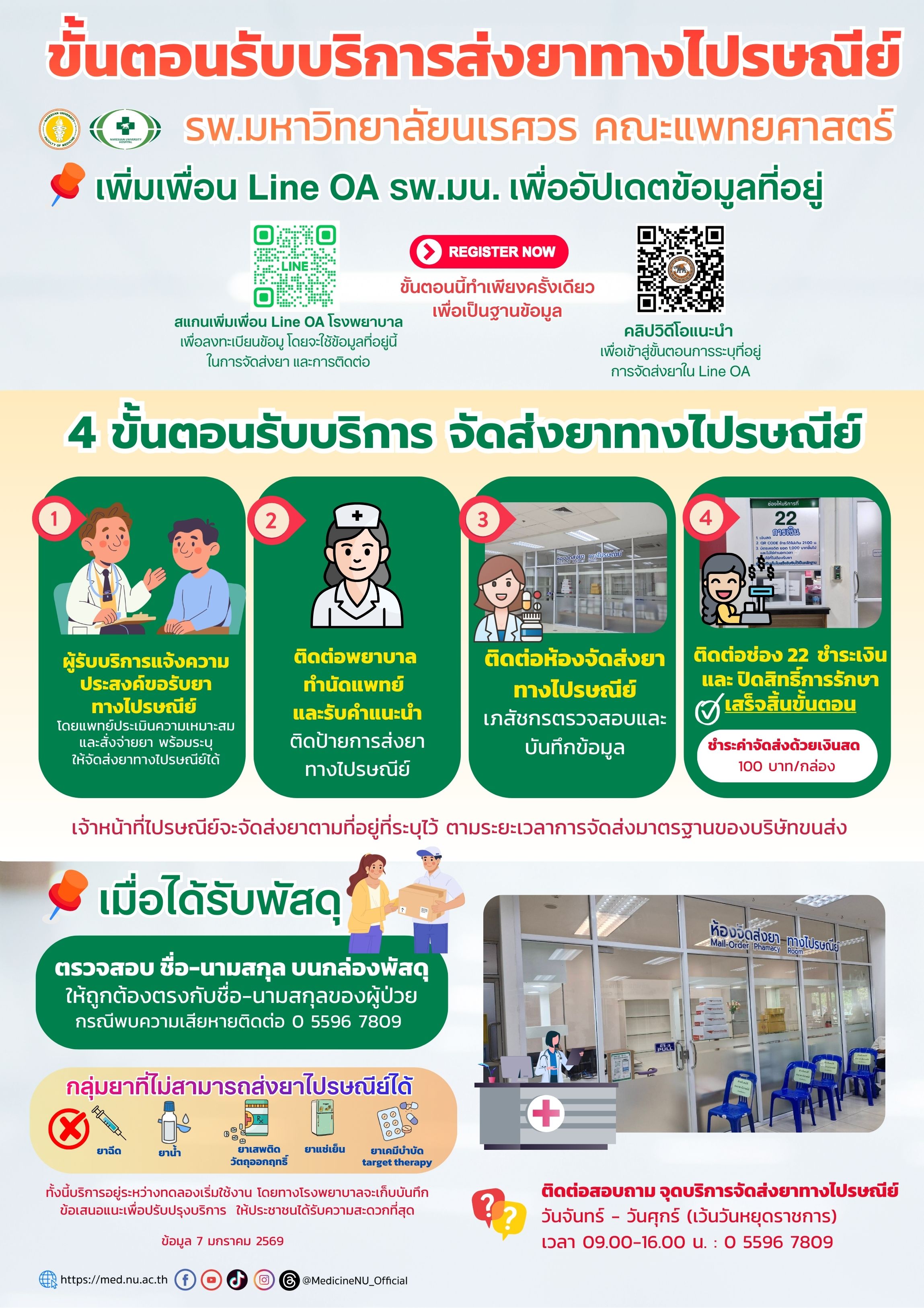 รพ.มหาวิทยาลัยนเรศวร เปิดให้บริการ #ส่งยาทางไปรษณีย์ เข้ารับบริการได้ตั้งแต่บัดนี้เป็นต้นไป ณ ห้องส่งยาทางไปรษณีย์ (อยู่ถัดจากจุดจ่ายยาผู้ป่วยนอก) 